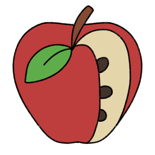 a cartoony drawing of a red apple with a leaf. It has no shadows, and has a slice cut out of it, showing three seeds. 